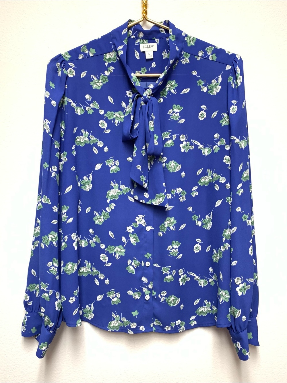 J. Crew Tie Neck Floral Blouse Size Large Blue Long Sleeve Career Dressy